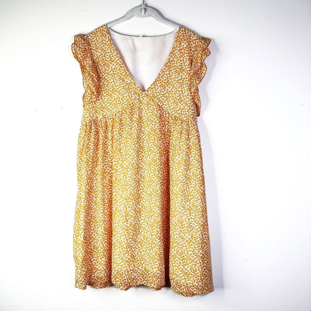 Unbranded Dress Women XL Orange White Floral Babydoll Flutter Sleeve Mini NWOT